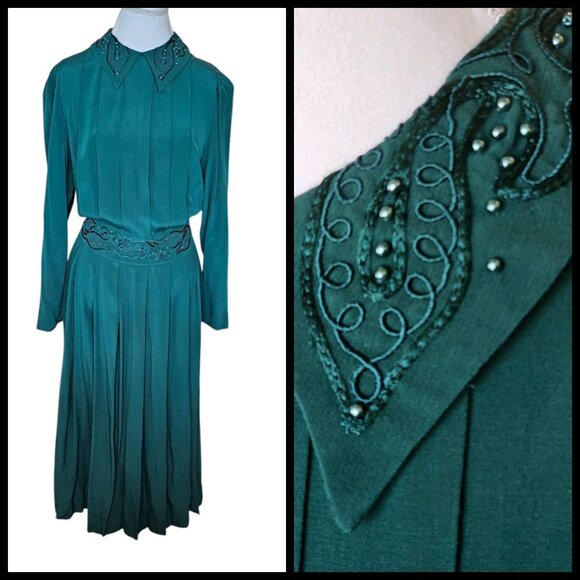 80s Womens Green Maxi Dress Pleated Collar Beaded Blouson Secretary Sz 8 Rayon - Picture 11 of 11
